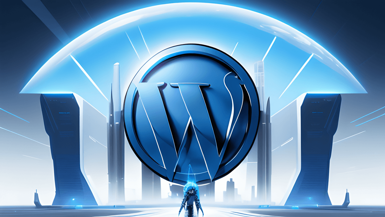 A futuristic scene with a large, glowing WordPress logo in the center, representing advanced WordPress Hosting, surrounded by tall, modern buildings and a dome of blue light, with a small human figure standing below.