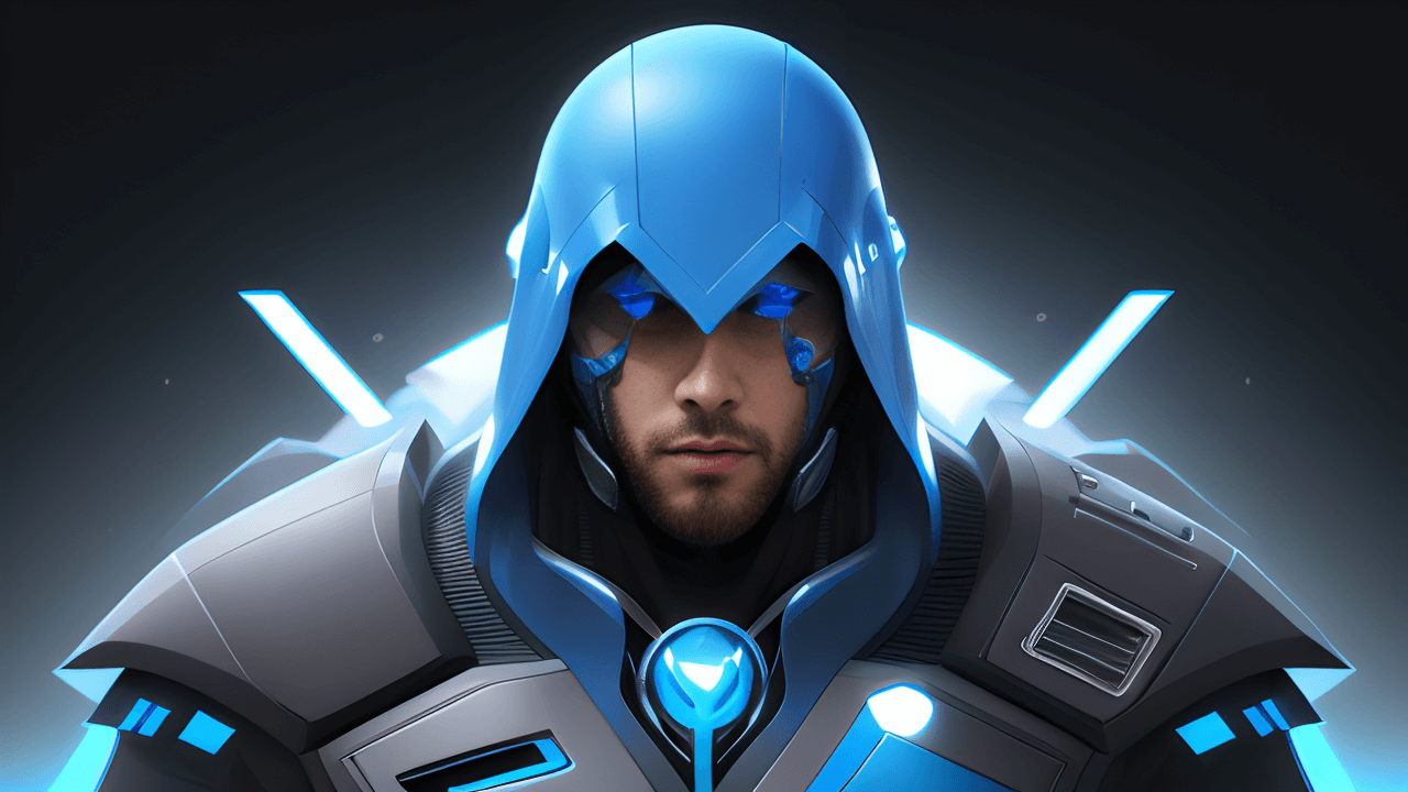 A futuristic warrior in a blue armored suit and hood, with glowing blue accents and facial markings, stands against a dark background with illuminated elements—radiating power like top-tier WordPress Hosting.